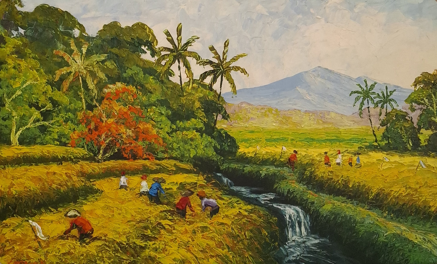 Painting of a rural landscape with people working in a field, mountains in the background.