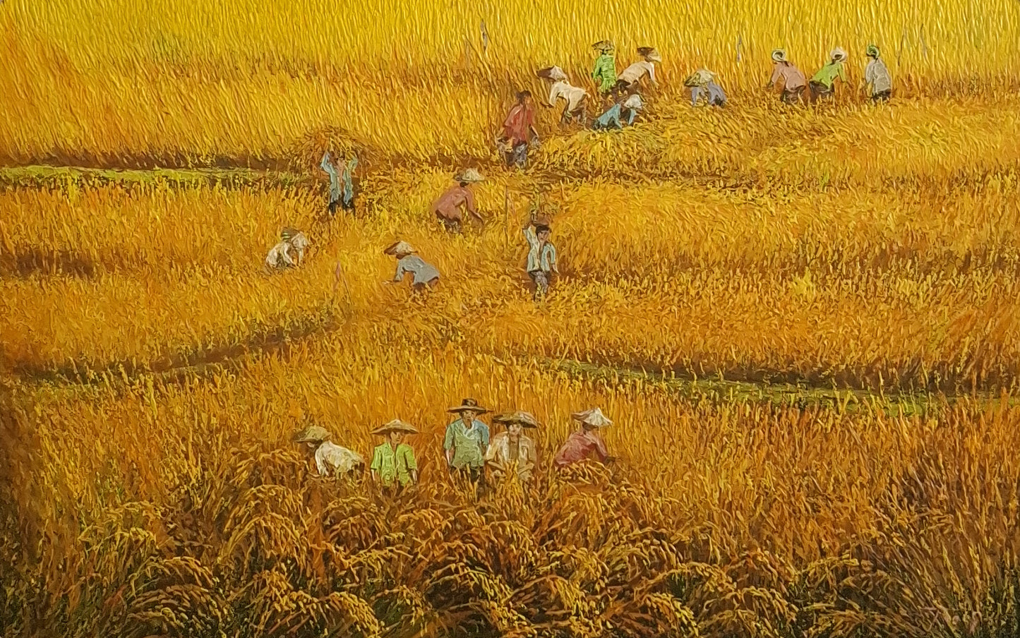 Painting of people working in a field with a warm color palette