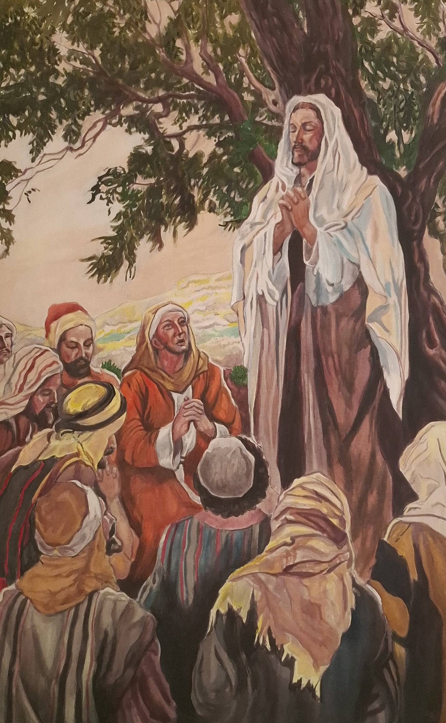 Illustration of a religious scene with a central figure surrounded by others under a tree.