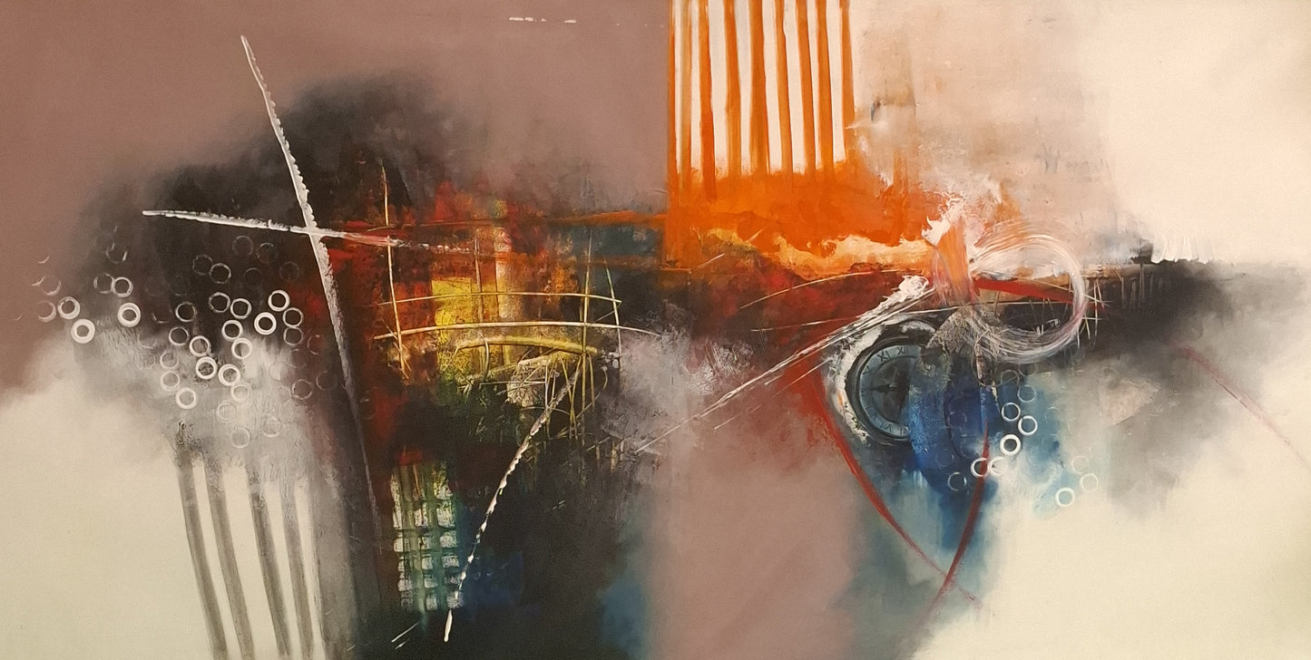 Abstract painting with a mix of colors and textures on a neutral background