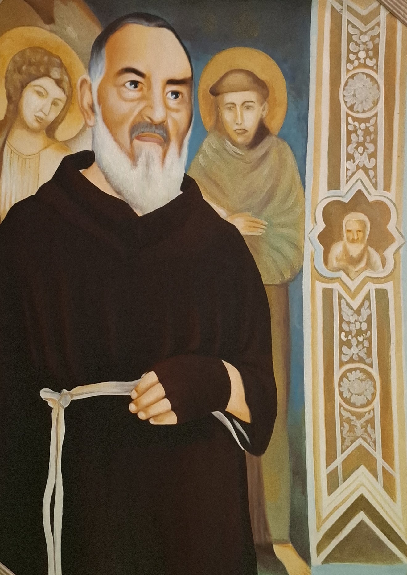 Painting of a religious figure in a dark robe with two other figures in the background