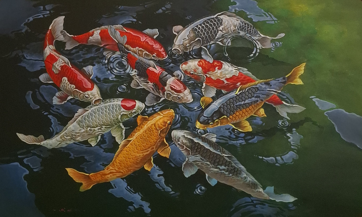 Koi fish swimming in water with reflections