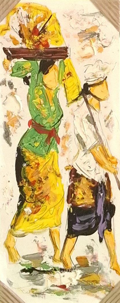 Colorful traditional artwork of two figures in elaborate costumes with a decorative border.