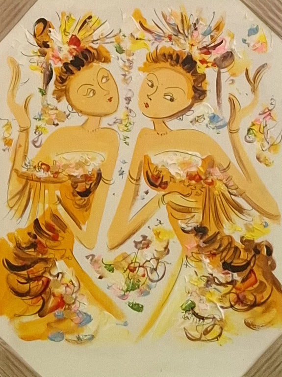 Illustration of two stylized figures with decorative elements on a beige background