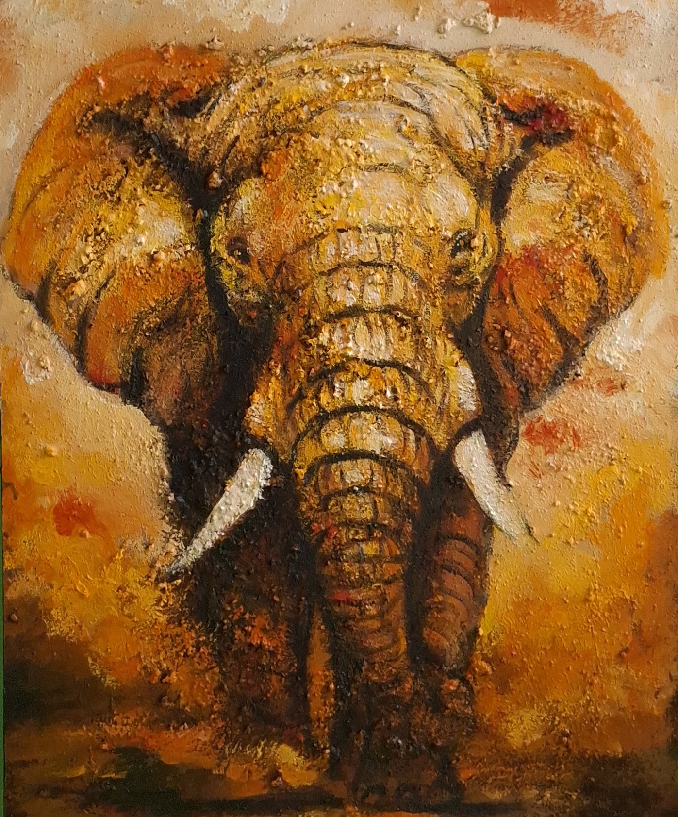 Artistic depiction of an elephant with textured brushstrokes on a warm-toned background