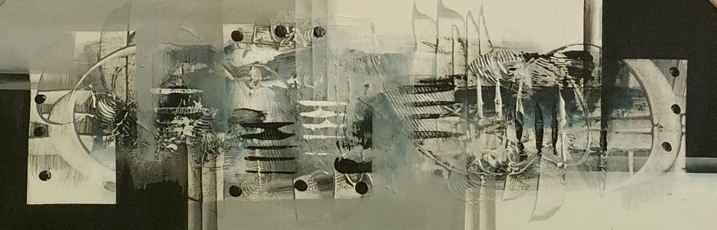 Abstract black and white artwork on a textured surface