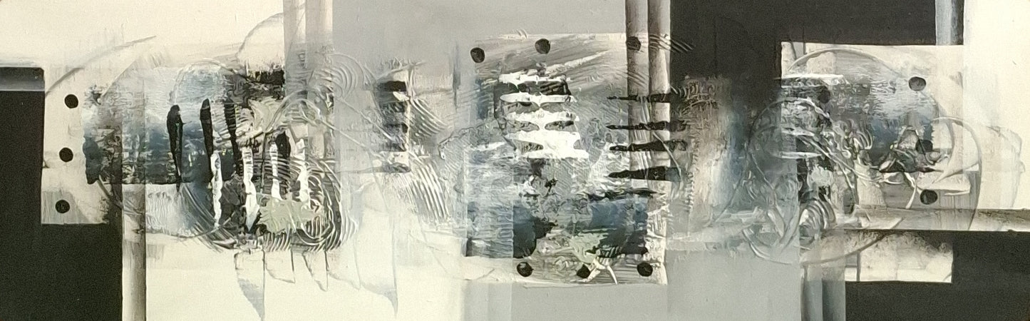 Abstract art piece with black, white, and gray tones on a white background