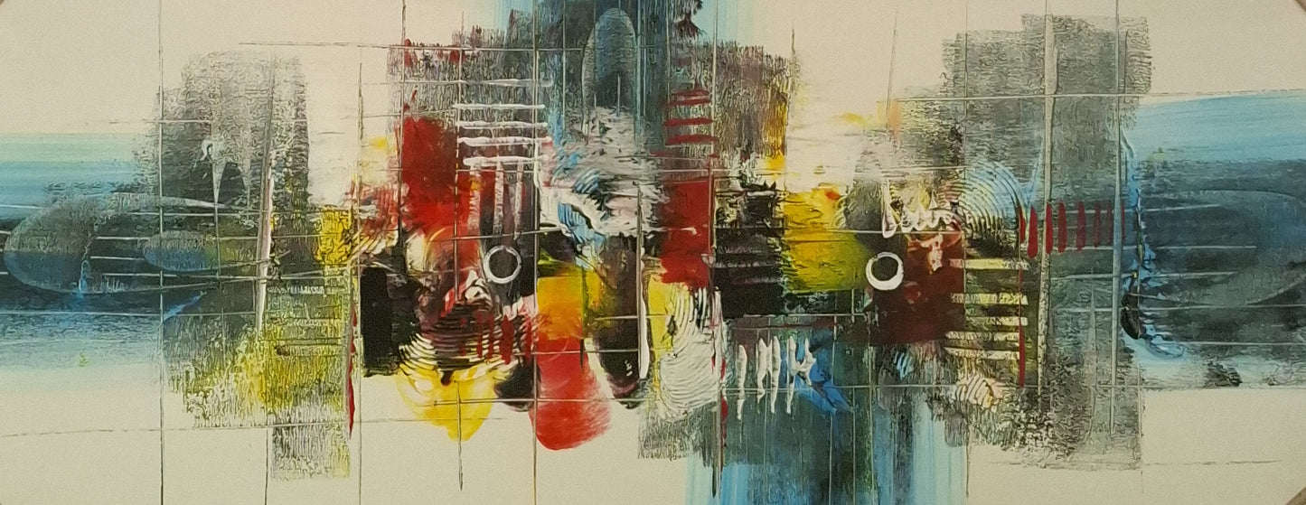 Abstract art piece with a variety of colors and shapes on a white background