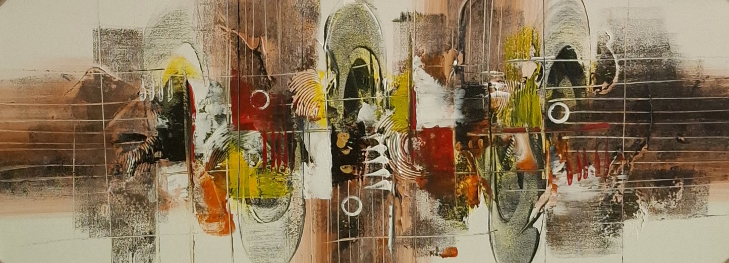 Abstract artwork with a mix of colors and shapes on a white background