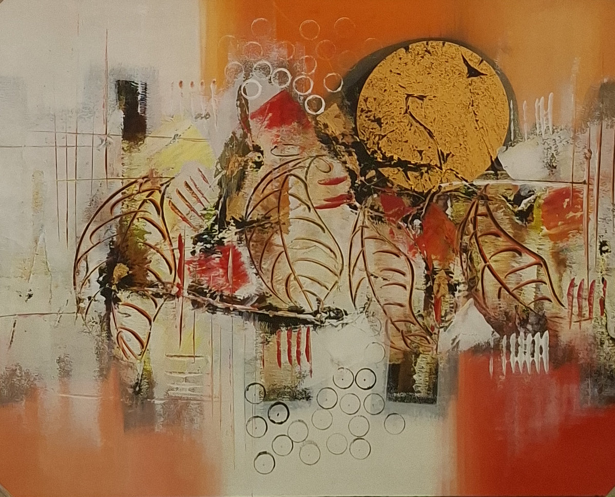 Abstract art piece with a central figure and geometric shapes on an orange background