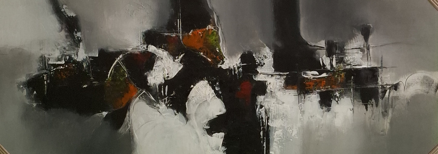 Abstract art with black, white, and gray tones