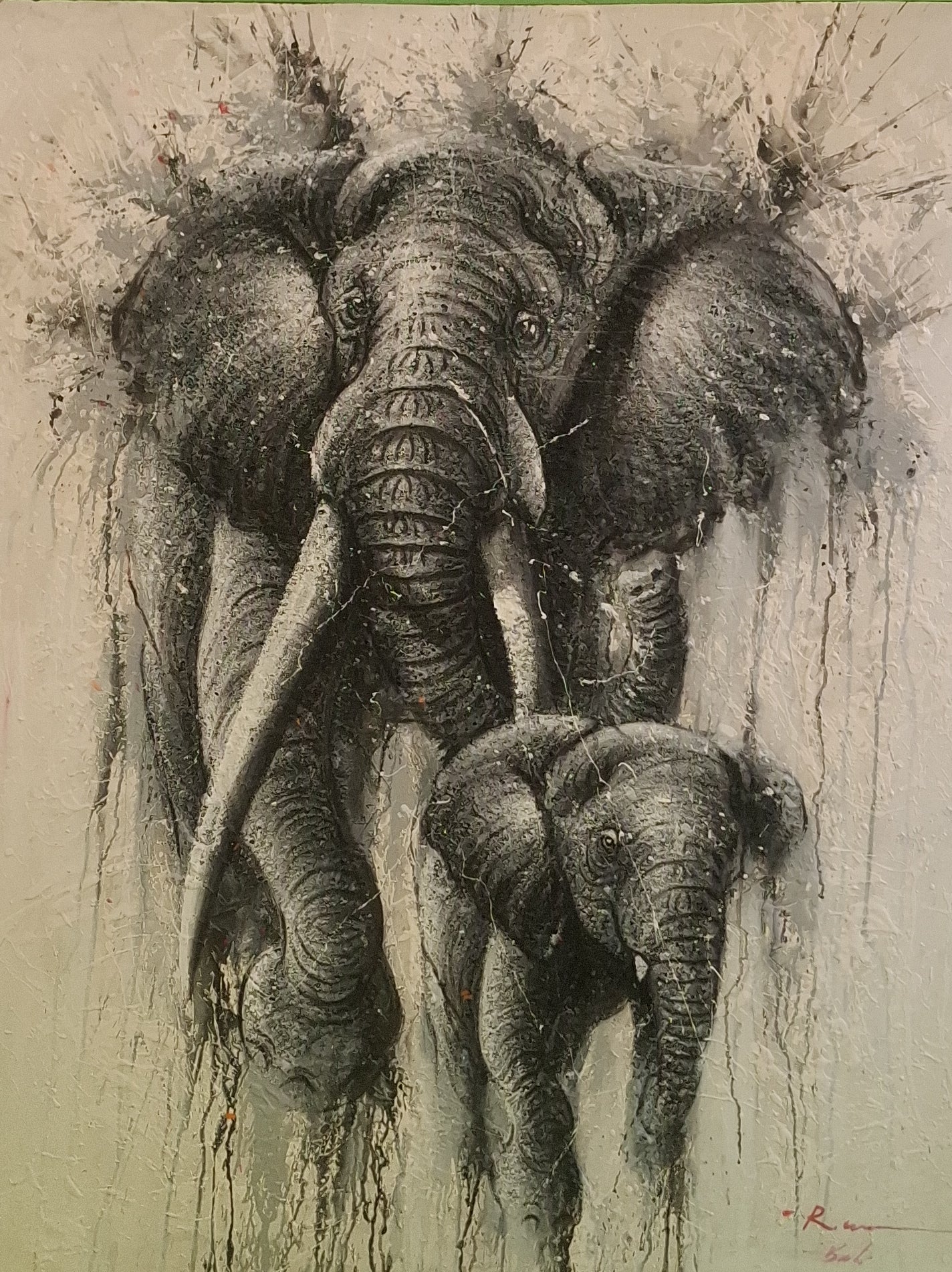 Artistic depiction of an elephant and its calf on a textured background