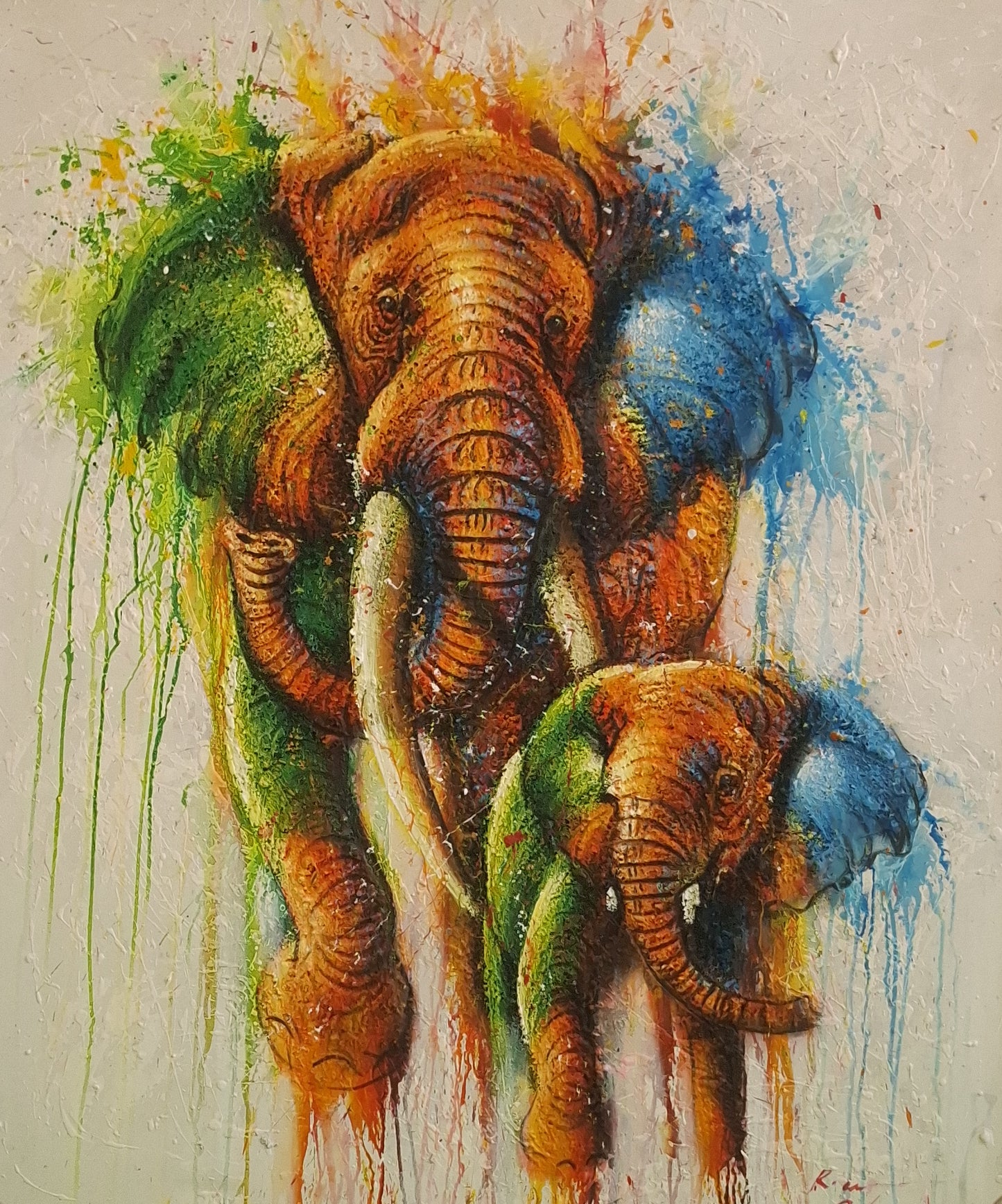 Colorful painting of two elephants with abstract background