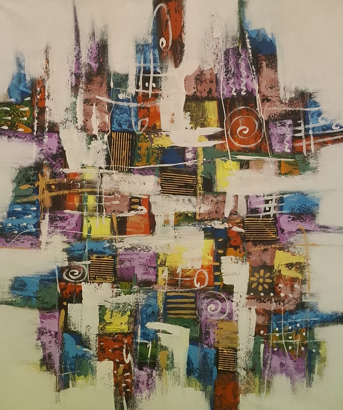 Abstract artwork with colorful geometric shapes on a white background