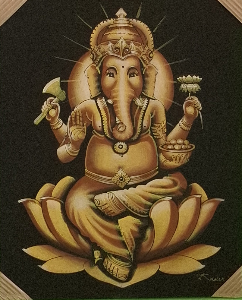Decorative painting of a deity sitting on a lotus flower with a dark background