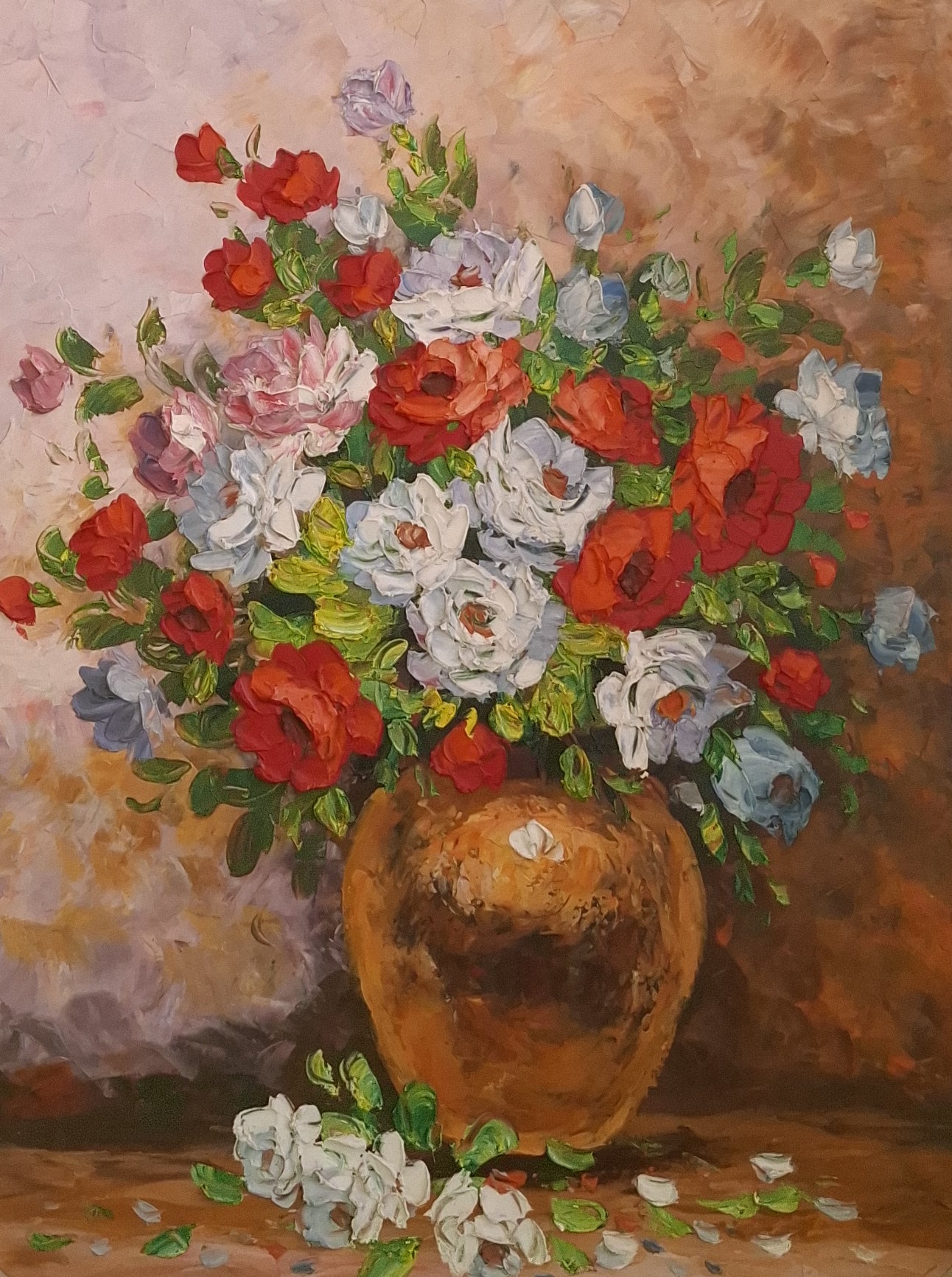 Floral arrangement in a vase with a textured brown background