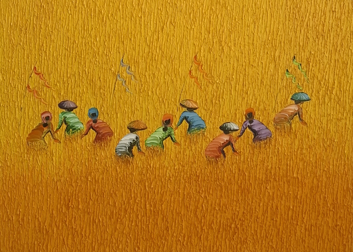 Illustration of people working in a field with a textured brown background