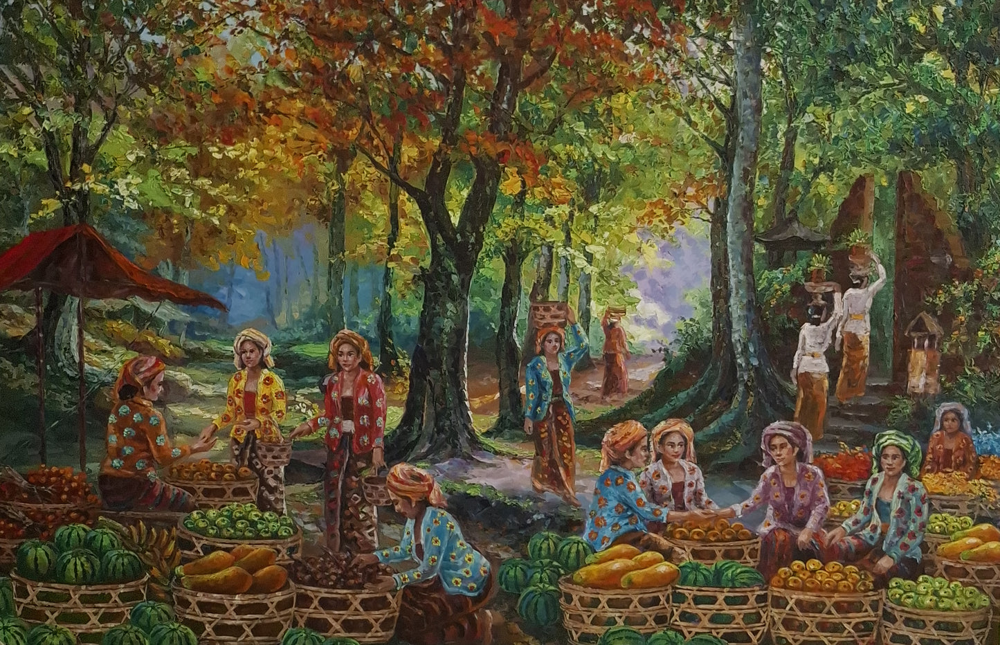 Painting of a market scene with people and produce under trees