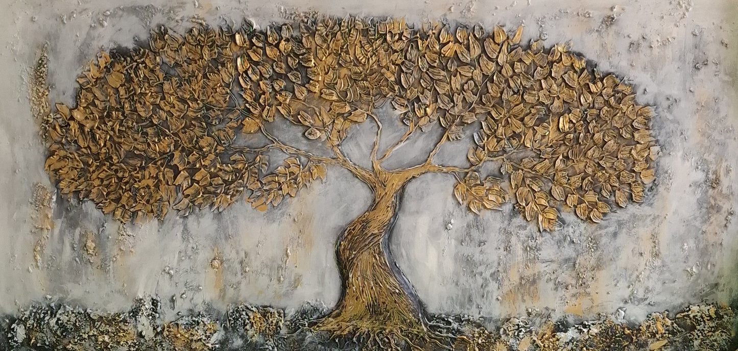 Decorative wall art of a tree with gold leaves on a textured gray background
