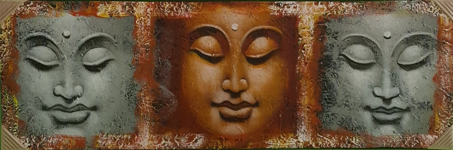Three stone faces with different expressions on a textured background