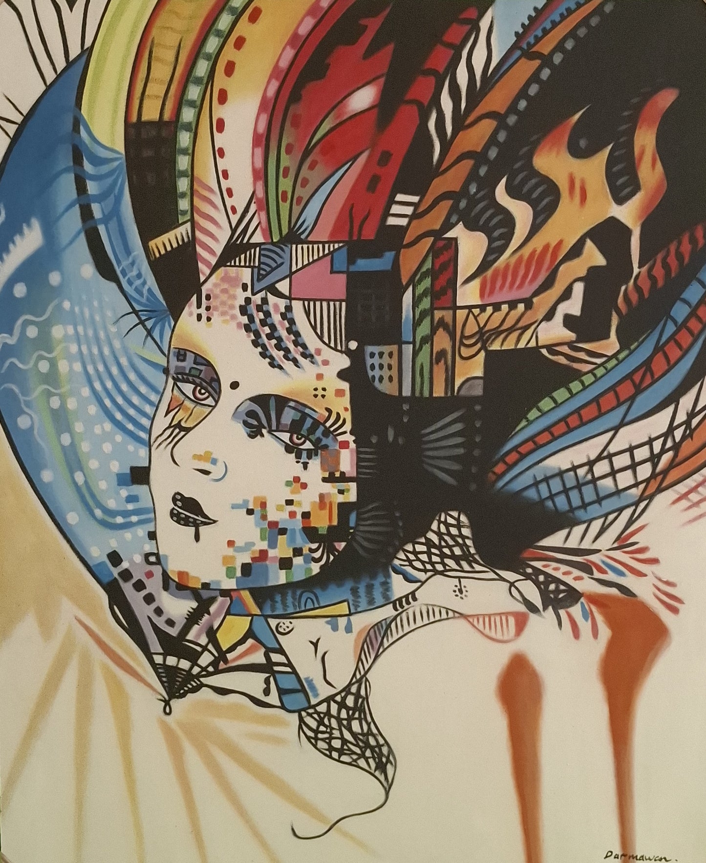 Abstract artwork with colorful patterns and a face-like design