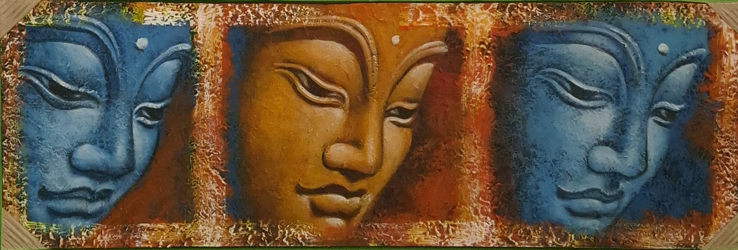 Decorative wall art with three faces in blue and brown on a textured background