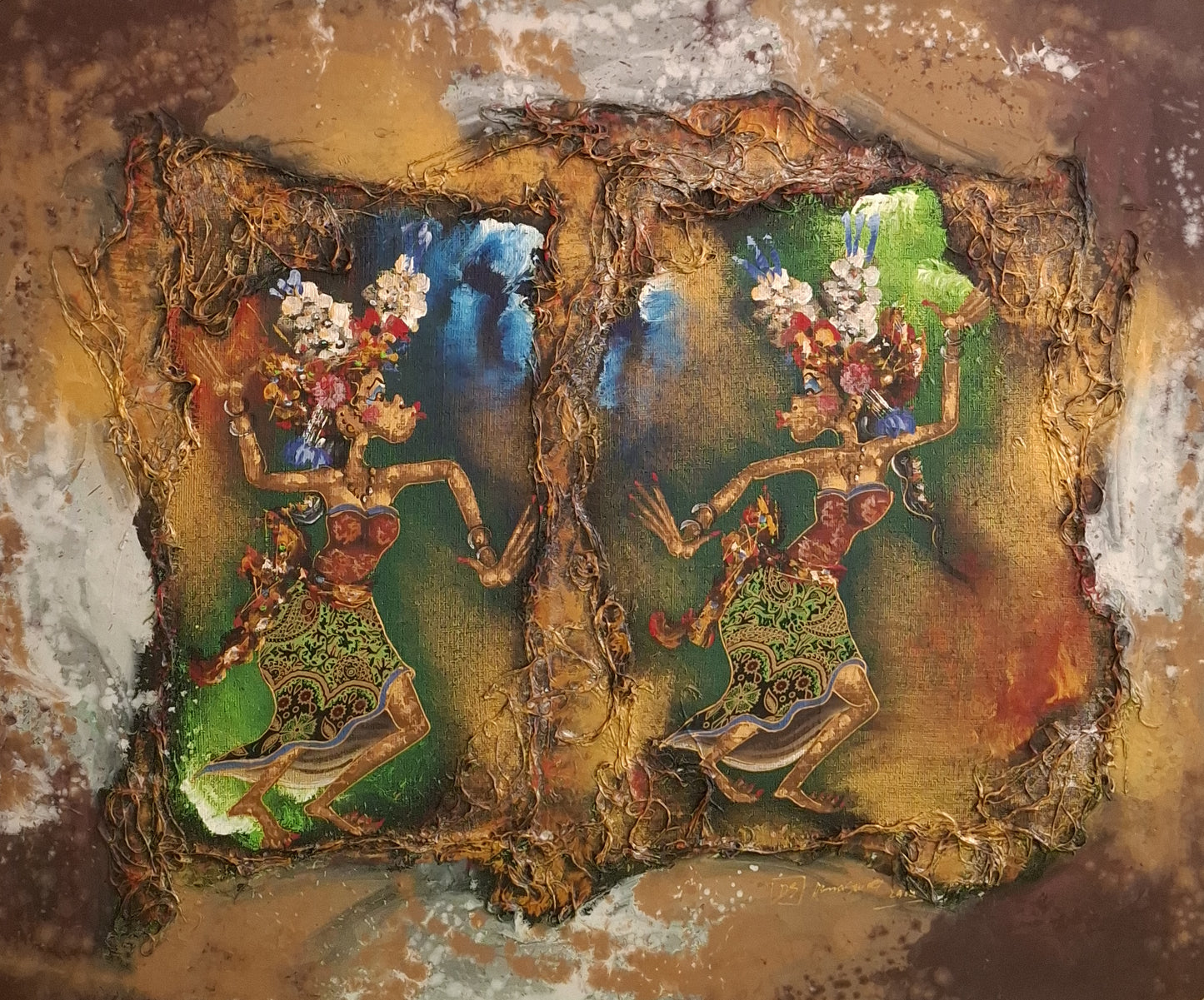 Artistic depiction of two figures in a natural setting with floral elements.