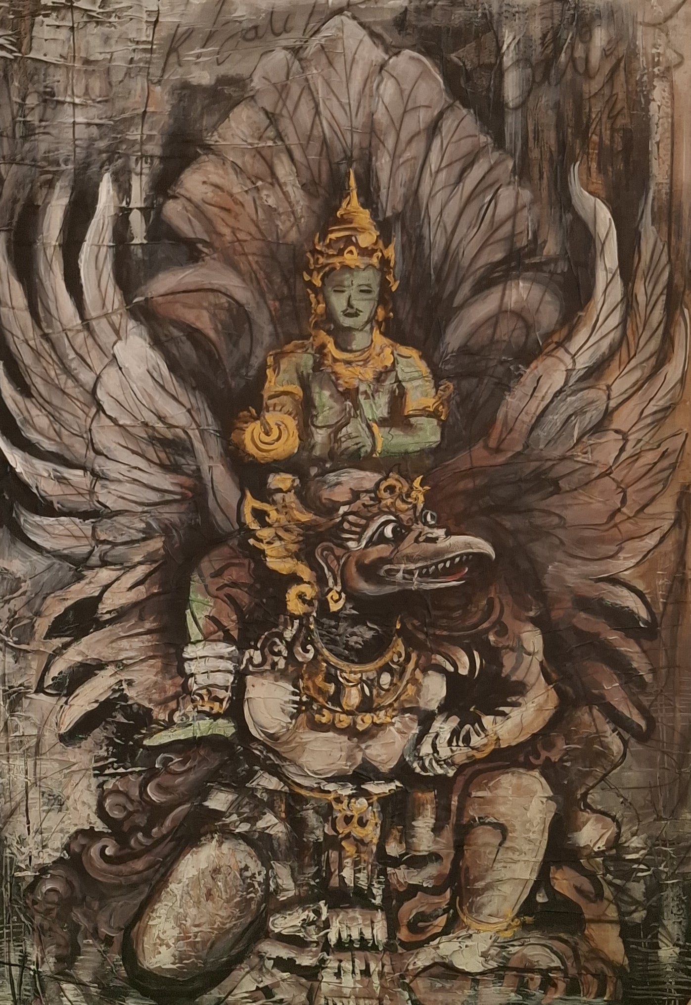 Stylized depiction of a seated figure with intricate details and large wings in a textured background.