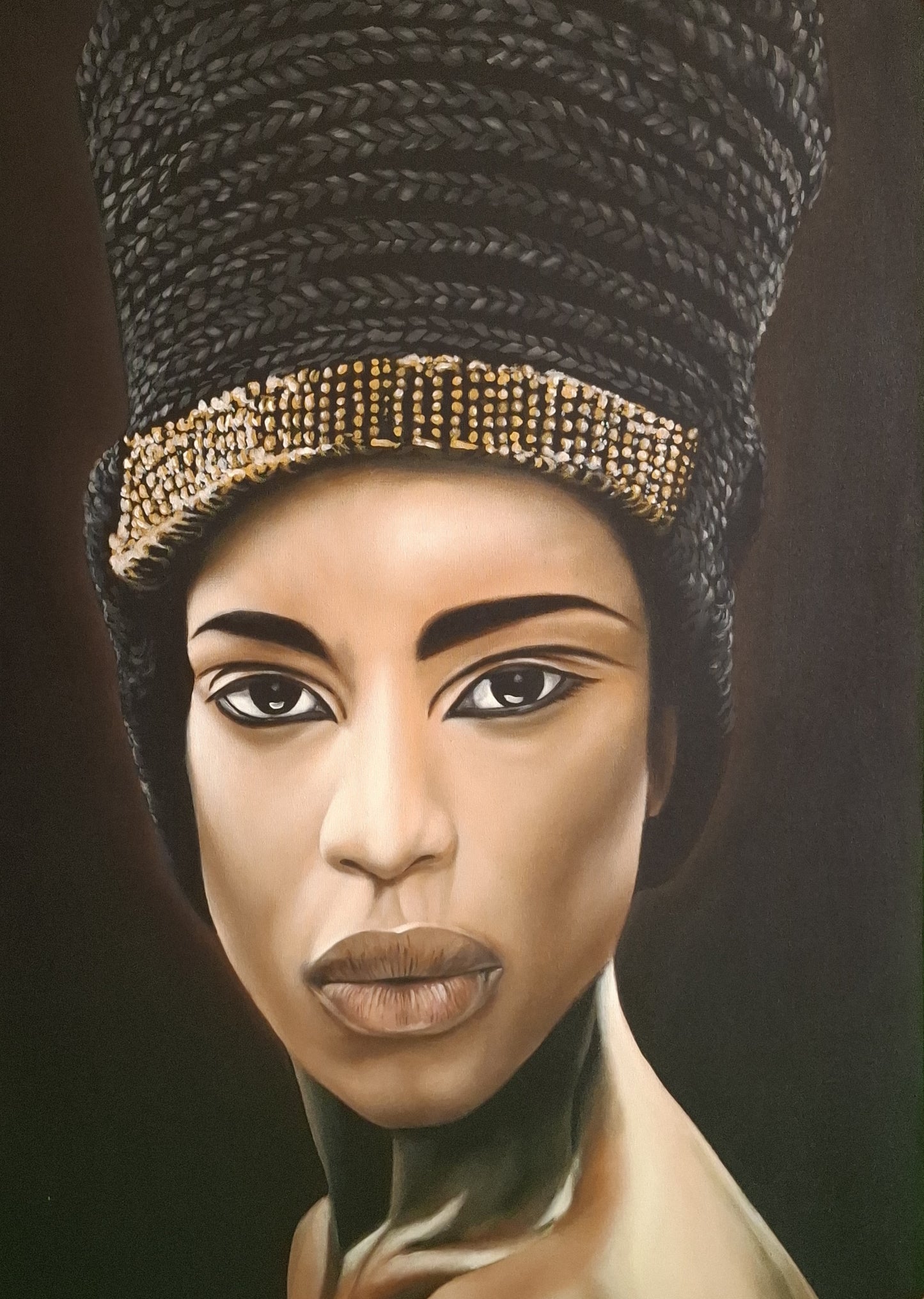 Artistic depiction of a figure wearing a traditional headpiece with braided design and gold accents.