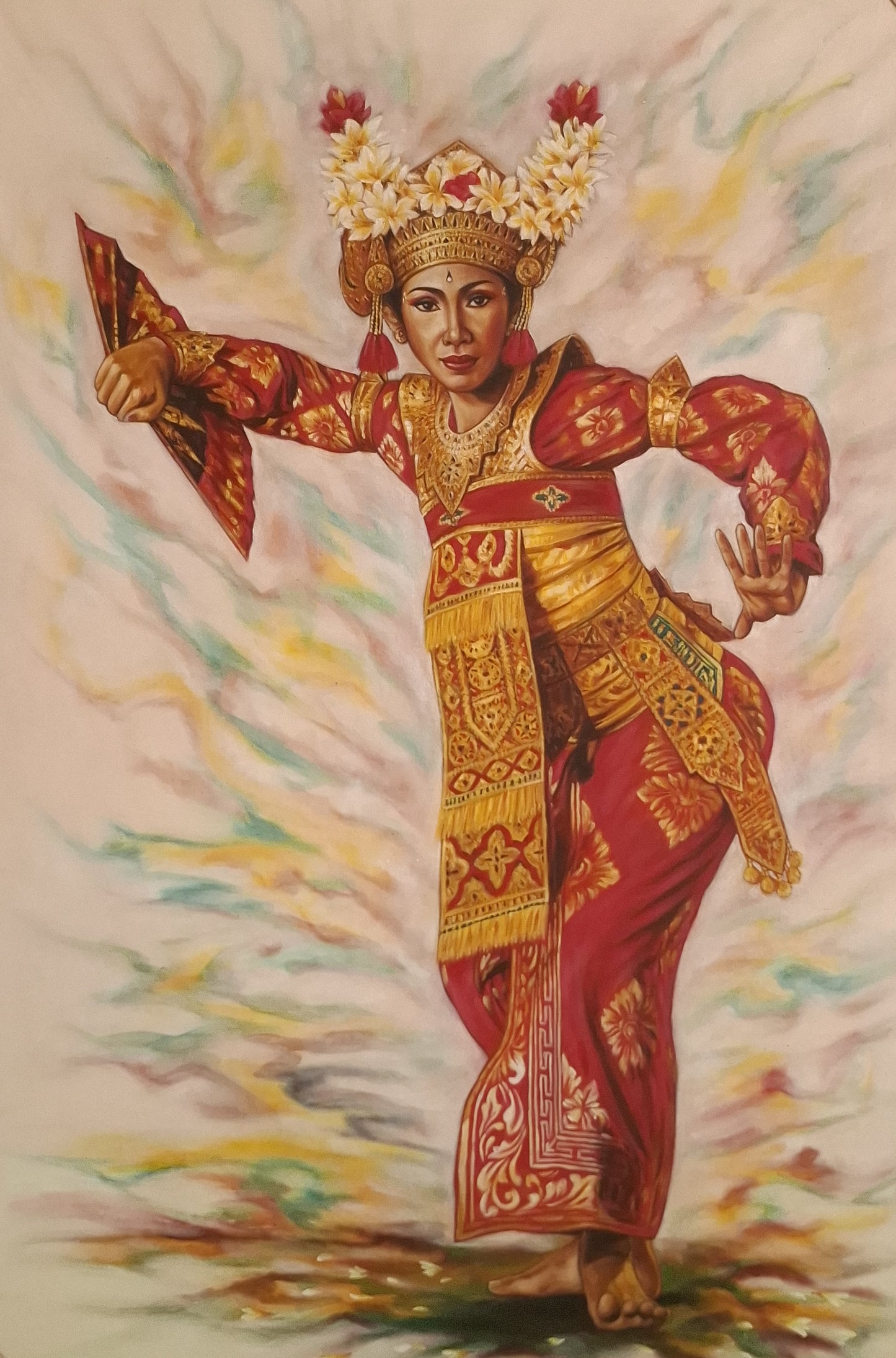 Traditional dancer in ornate red and gold costume with floral headpiece against a colorful abstract background