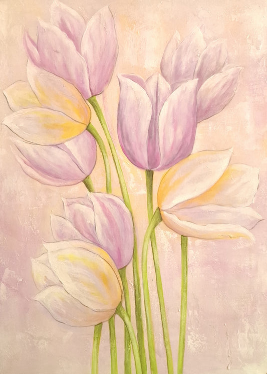 Painting of pink and yellow tulips on a soft pink background