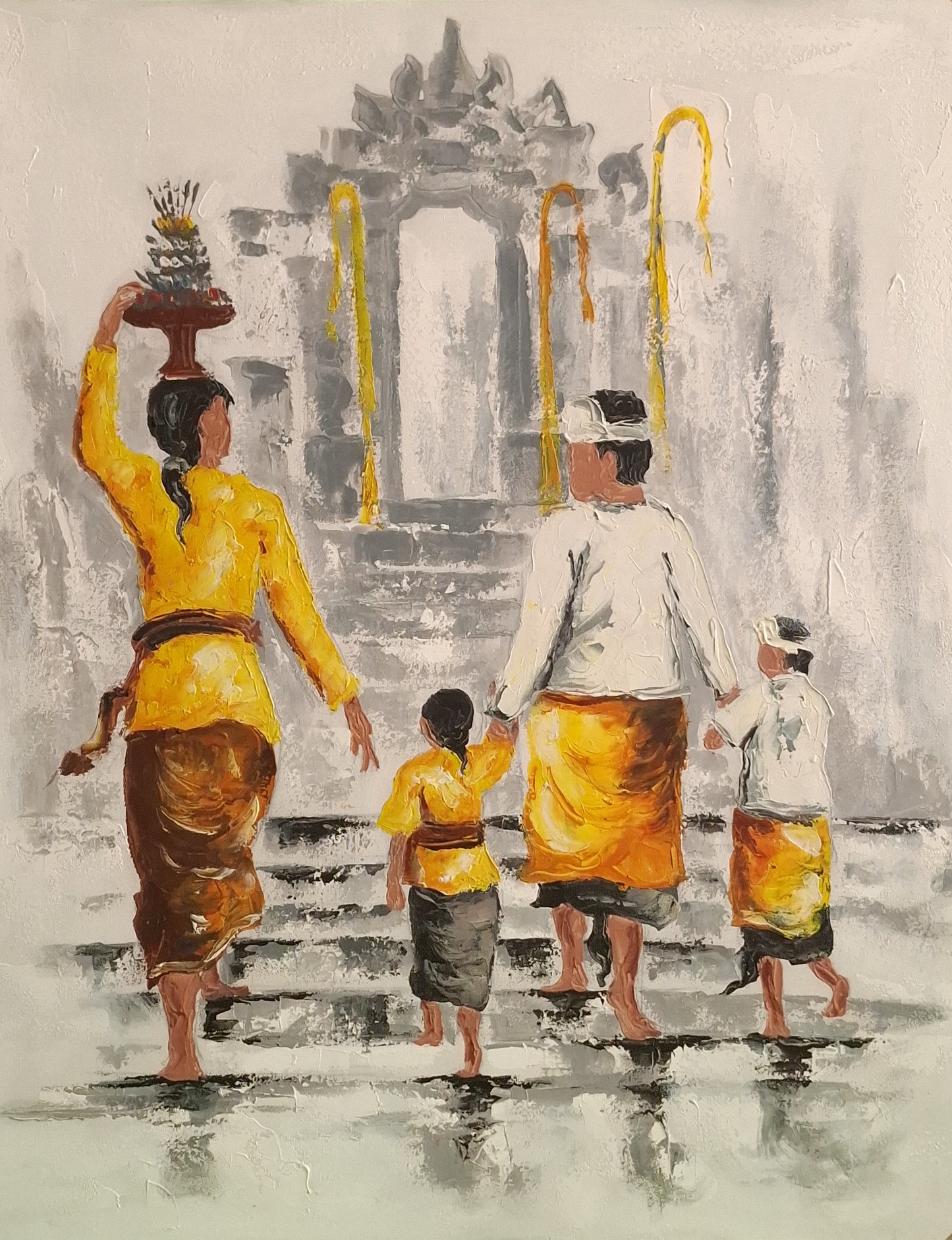 Painting of a family walking up steps with traditional attire in front of an architectural structure.