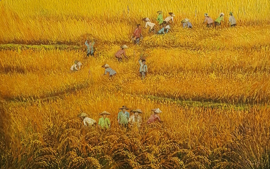 Painting of people working in a field with a warm color palette