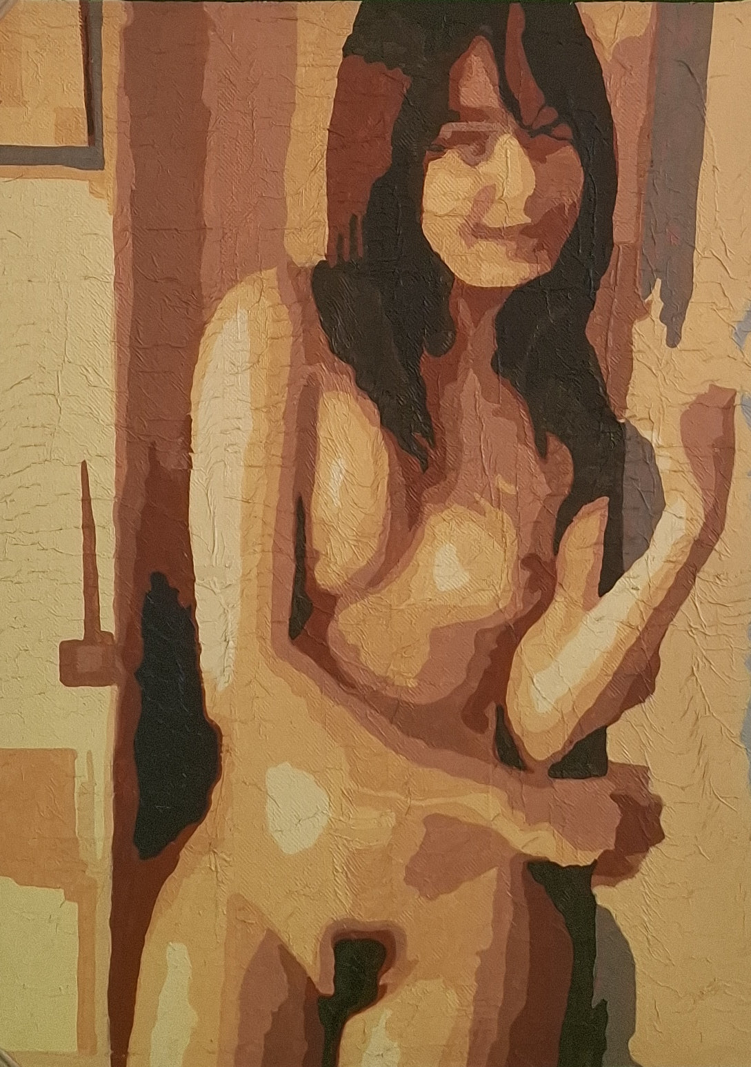Artistic depiction of a nude figure with abstract patterns