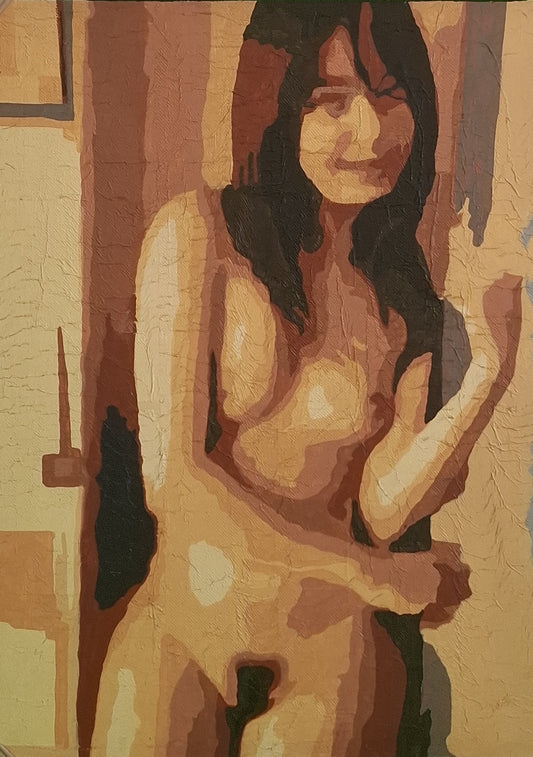 Artistic depiction of a nude figure with abstract patterns