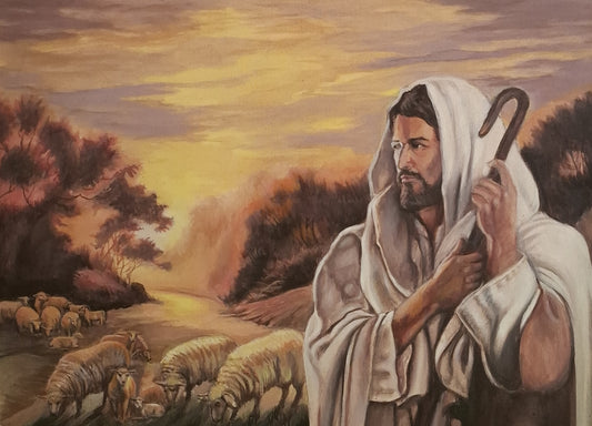 Painting of a shepherd with sheep in a landscape