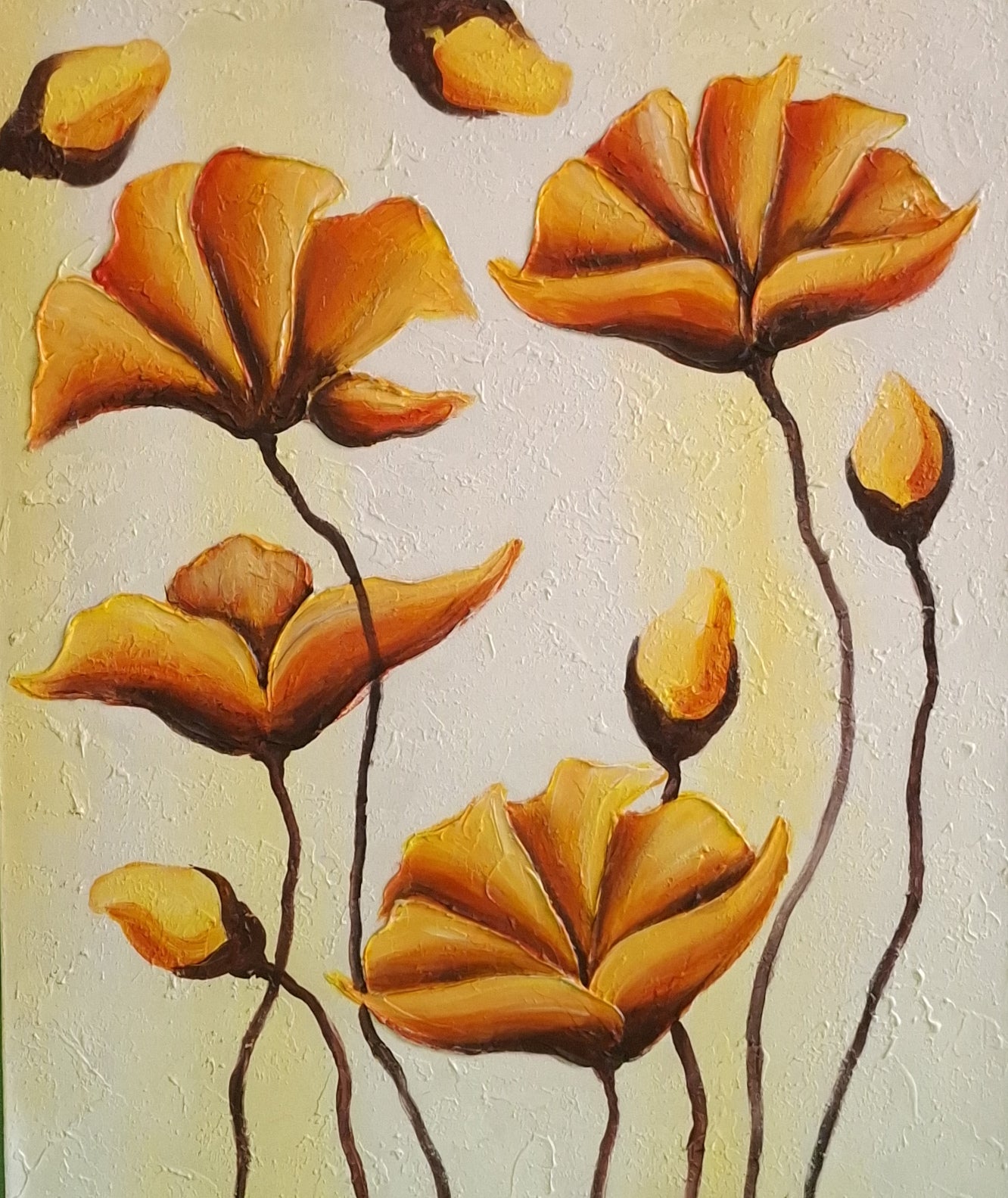 Painting of orange flowers with a textured background