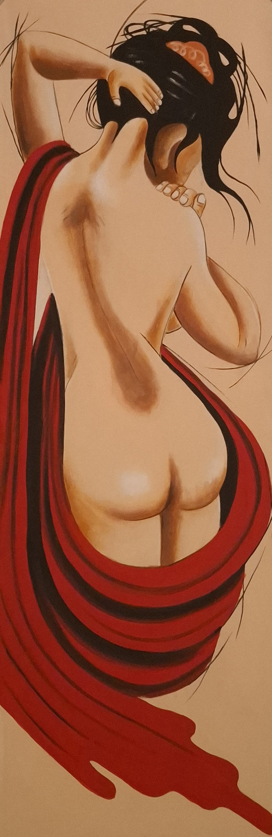 Artistic depiction of a nude figure with red fabric, on a beige background