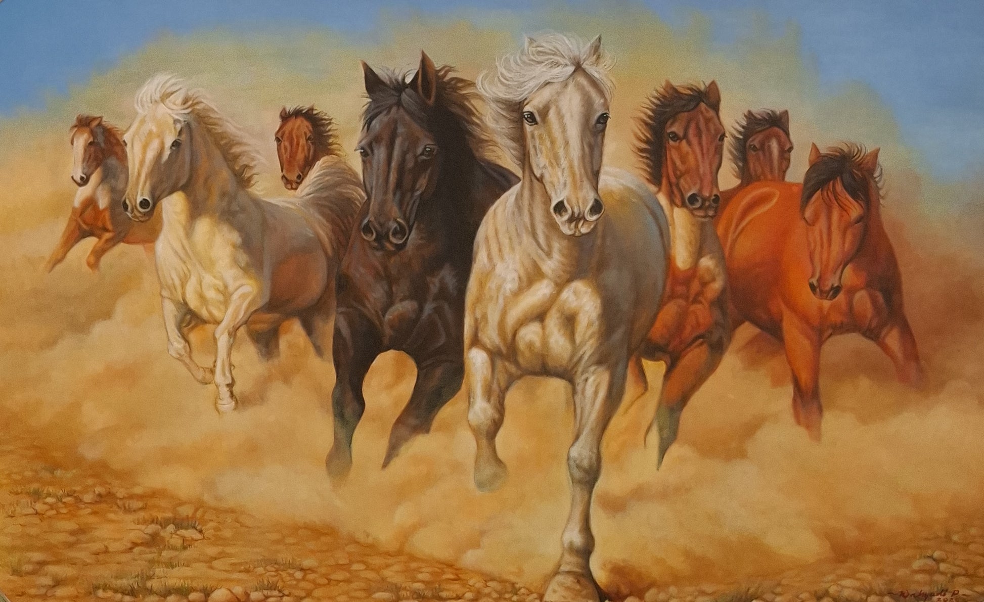Painting of horses running in a desert landscape