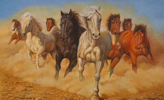 Painting of horses running in a desert landscape