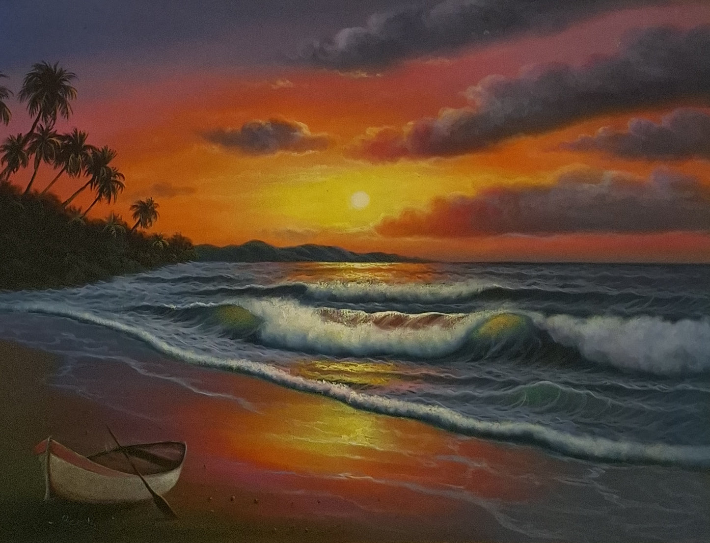 Sunset over a beach with a boat and palm trees