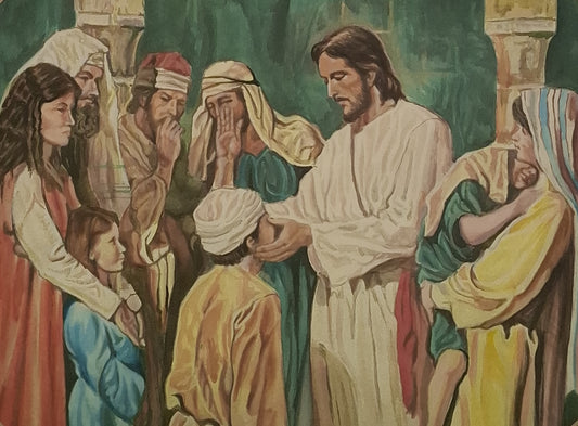 Illustration of Jesus with disciples and a young girl, set against a green background.