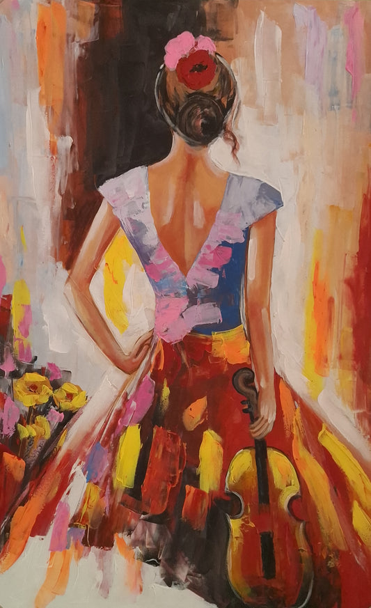 Colorful abstract painting of a person holding a violin with flowers in their hair.