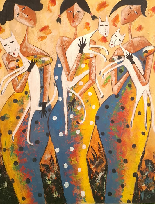 Colorful abstract artwork featuring human-like figures with animal features on a yellow background.