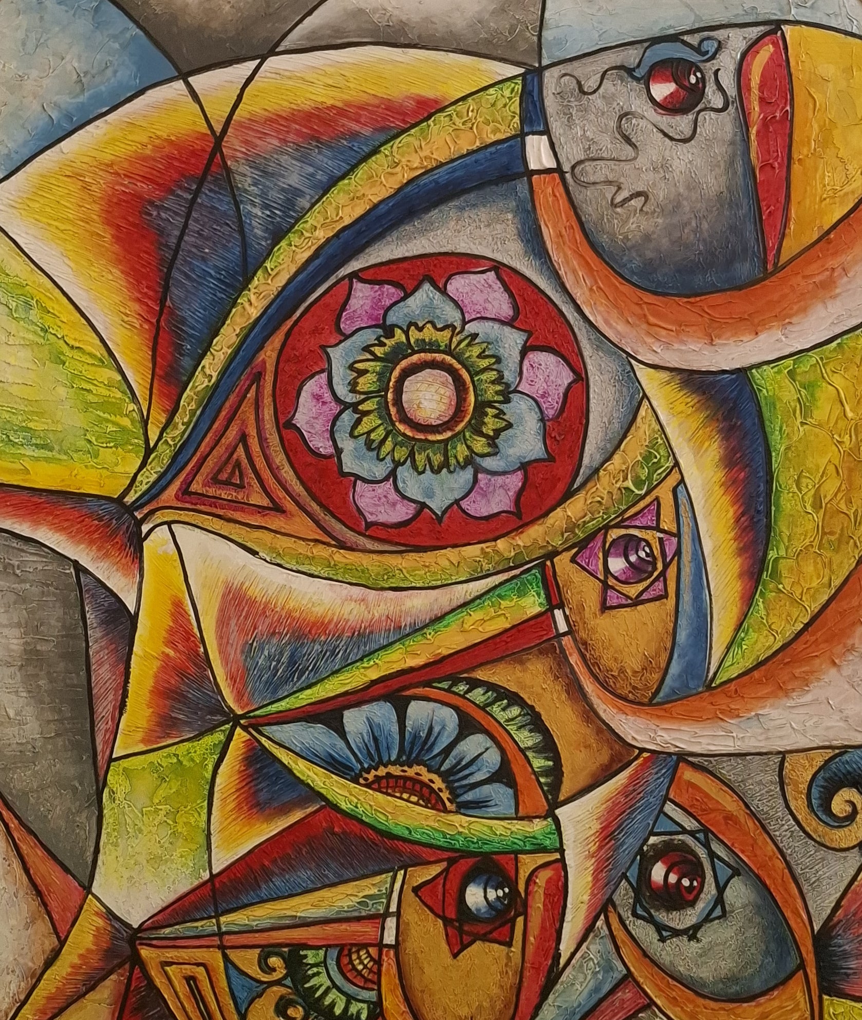 Abstract artwork with colorful geometric shapes and patterns