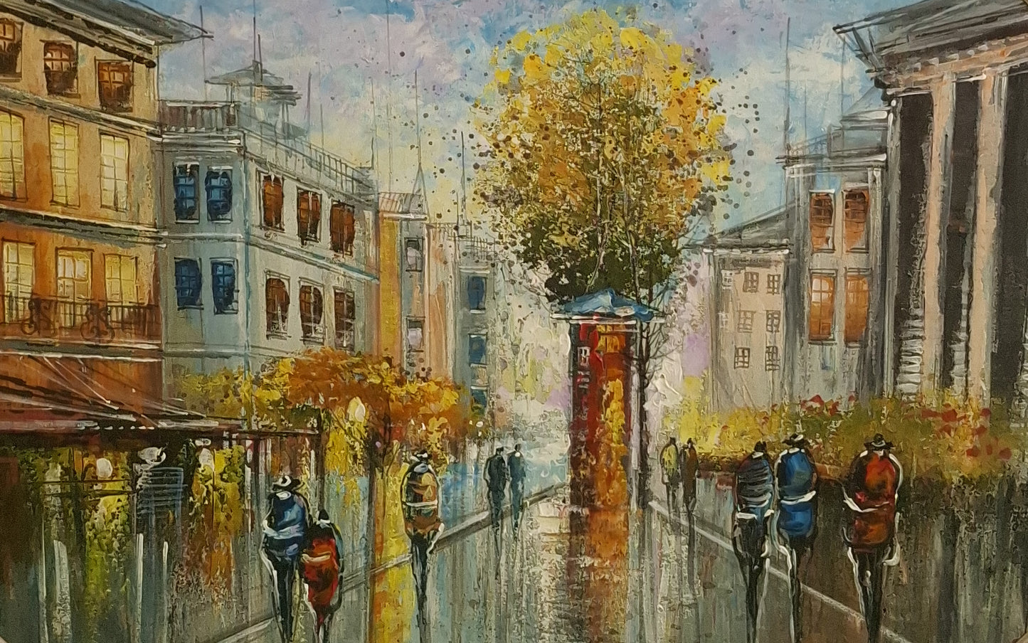 Painting of a city street with people walking and a tree in the center.