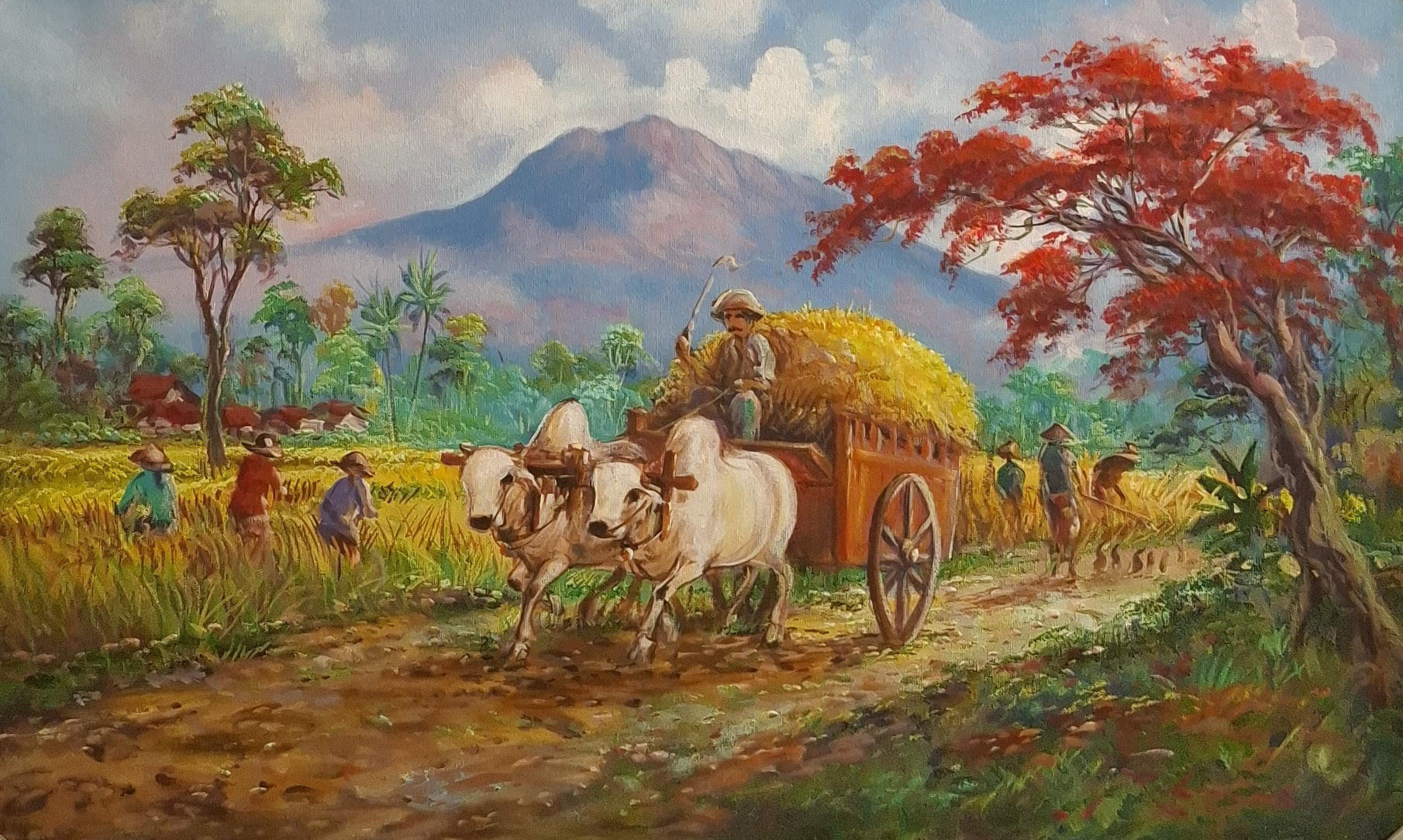 Painting of a rural scene with oxen pulling a cart through a field, mountains in the background.