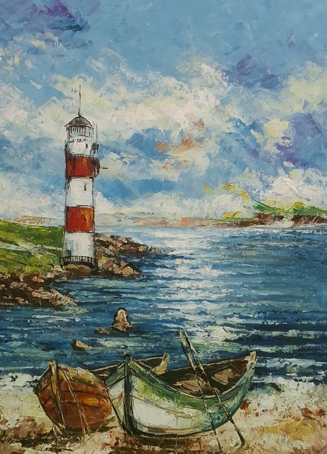 Painting of a lighthouse with boats on a rocky shore and blue sky.