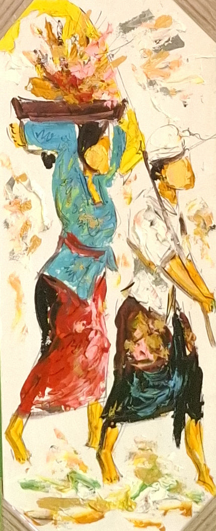 Colorful painting of a person carrying a bundle on their head with another person in the background.