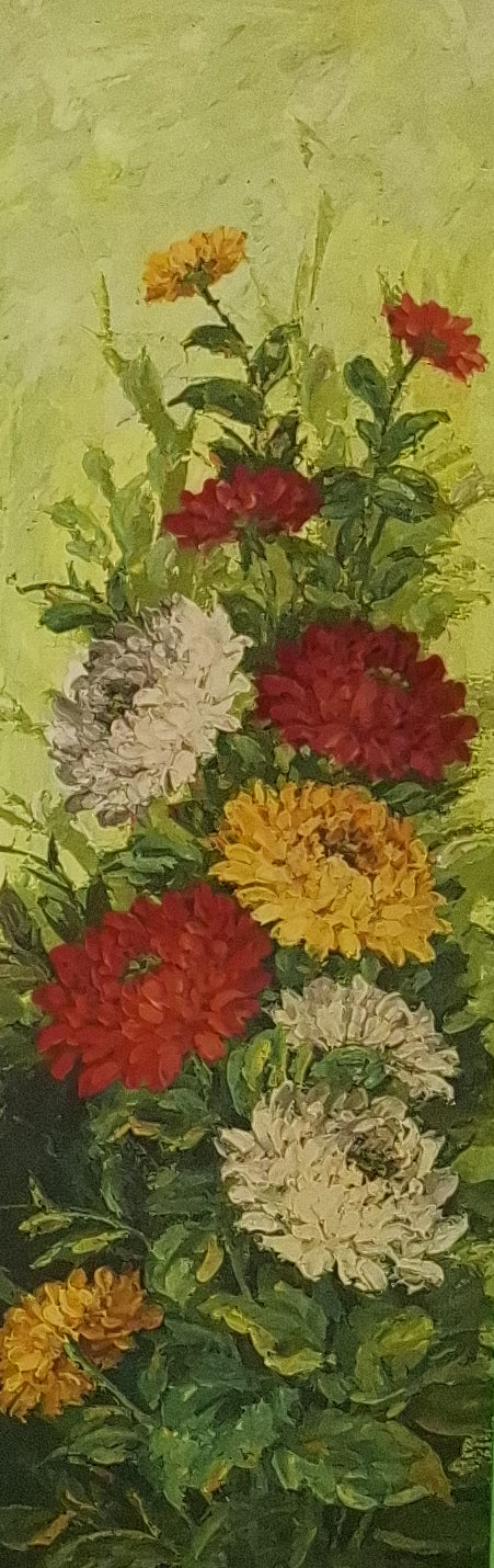 Floral arrangement with red, yellow, and white flowers on a green background